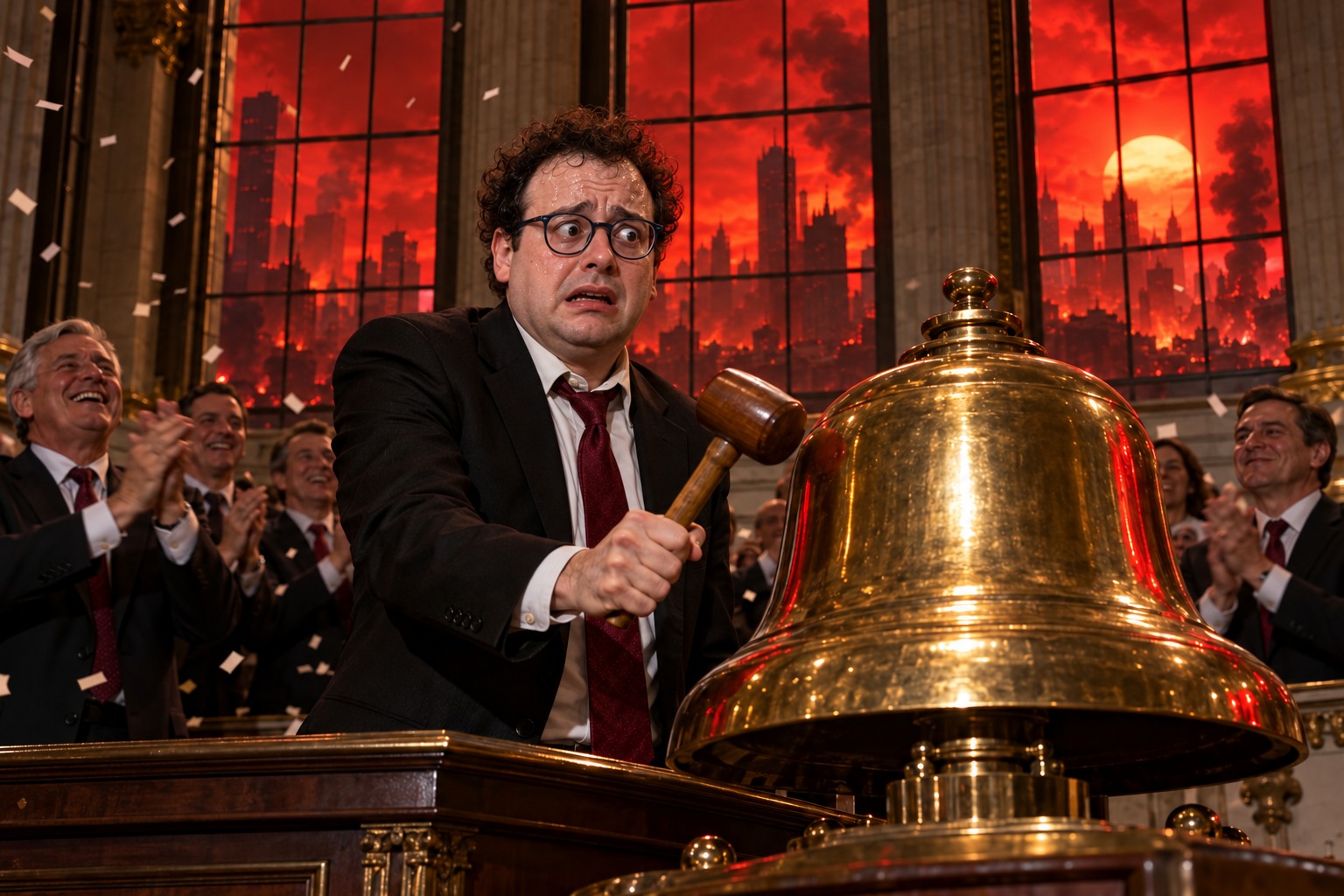 AI-generated satirical depiction of Dario Amodei nervously preparing to strike an IPO opening bell beneath an apocalyptic red sky